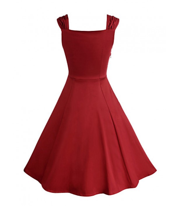 Women's Party/Cocktail Vintage A Line / Skater Dress,Solid Sweetheart Knee-length Sleeveless Red / Black Cotton / Polyester Summer