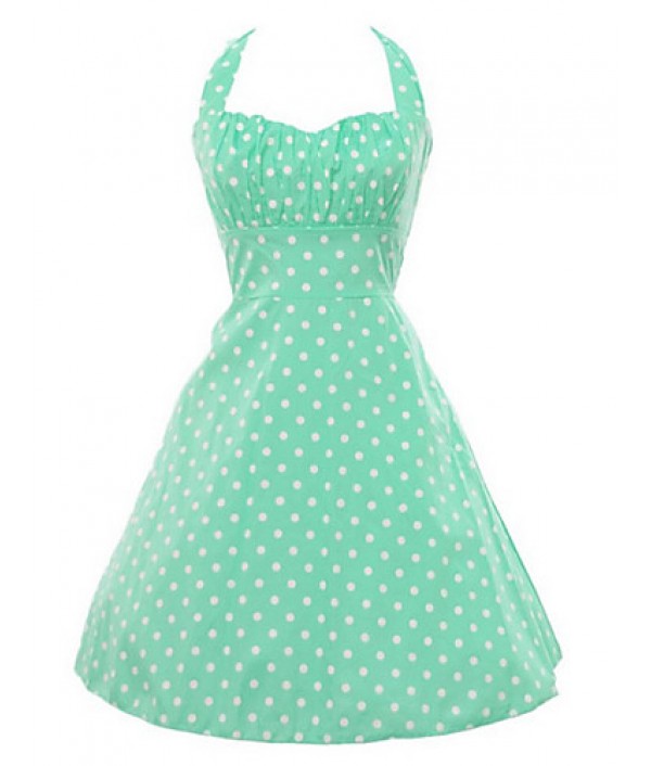 Women's Retro 50s Slim Polka Dot Sleeveless Swing Party Dress