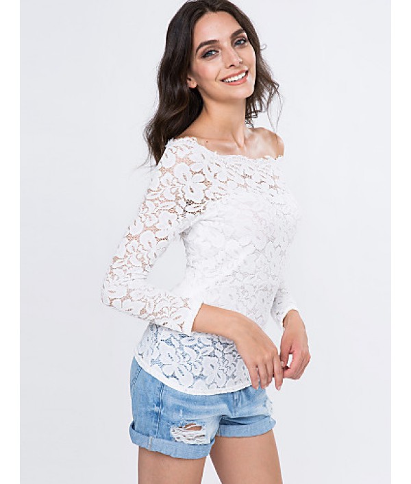 Women's Vogue Lace Bateau Long Sleeve Hollow Out Lace T-shirt