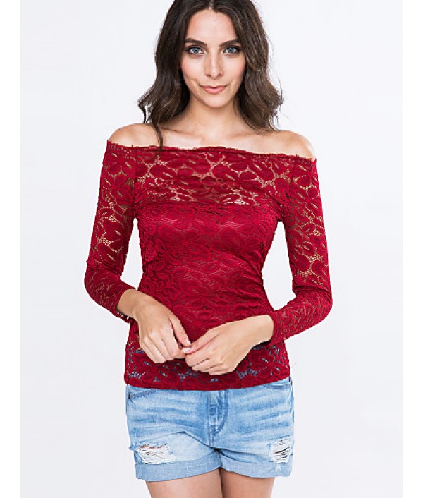 Women's Vogue Lace Bateau Long Sleeve Hollow Out Lace T-shirt