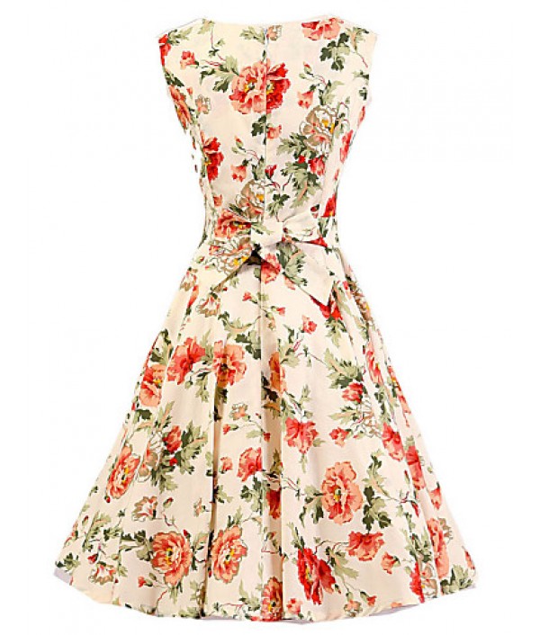 Women's Cream Floral Dress , Vintage Sleeveless 50s Rockabilly Swing Short Cocktail Dress