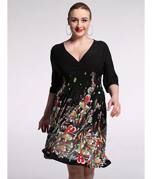 Women's Beach / Plus Size Boho Chiffon Dress,Floral V Neck Knee-length 陆 Length Sleeve Black Polyester / Spandex Summer