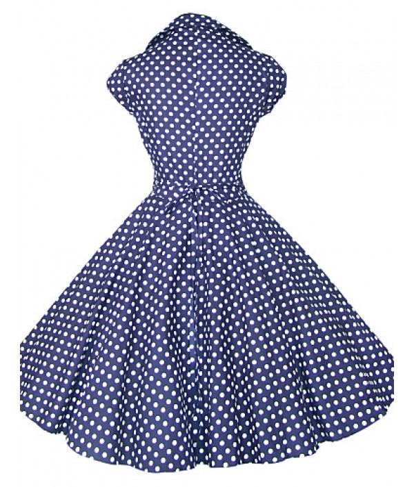 Women's White/Black/Blue 50s Vintage Polka Dots Swing Midi Dress