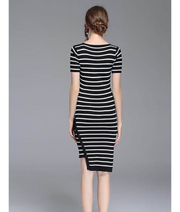 Boutique S Going out /Daily Cute Sheath DressStriped Round Neck Midi Short Sleeve White/Polyester Summer Mid Rise