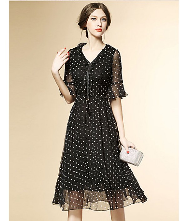 Women's Street chic Polka Dot Chiffon / Swing Dress,V Neck Knee-length Polyester