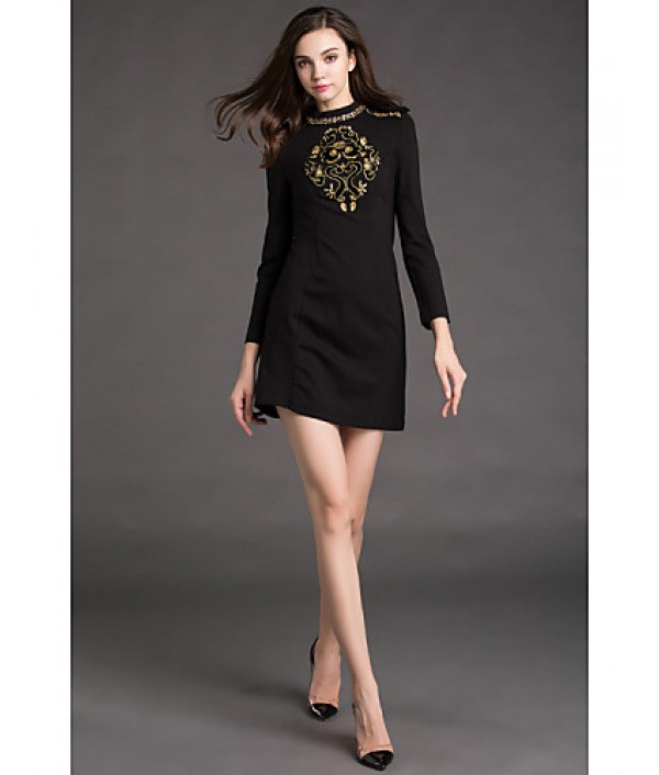 Women‘s Work Shift Dress,Jacquard Crew Neck Mini Long Sleeve Black Cotton / Polyester Spring