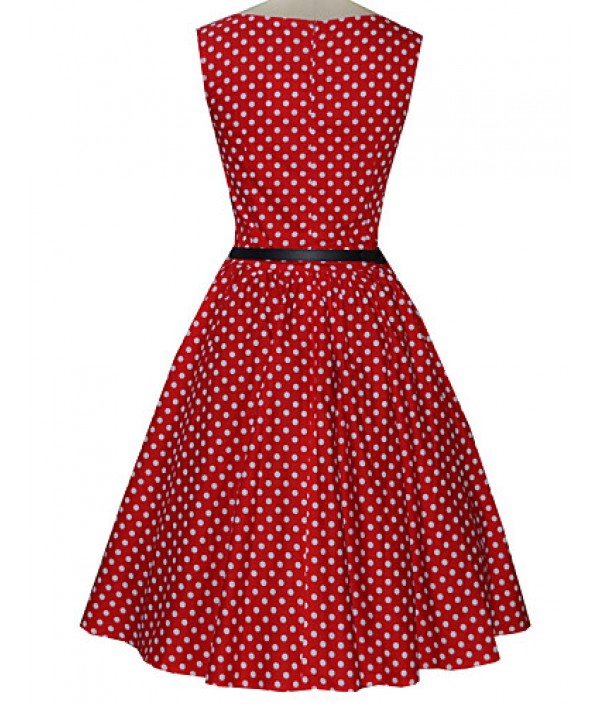 Women's Vintage Slim Polka Dot Printing Sleeveless Dress(With Belt)