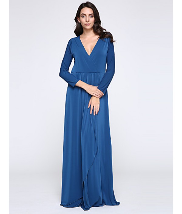 Women's Party/Cocktail Plus Size Plus Size Dress,Solid V Neck Midi Long Sleeve Blue Spandex Fall