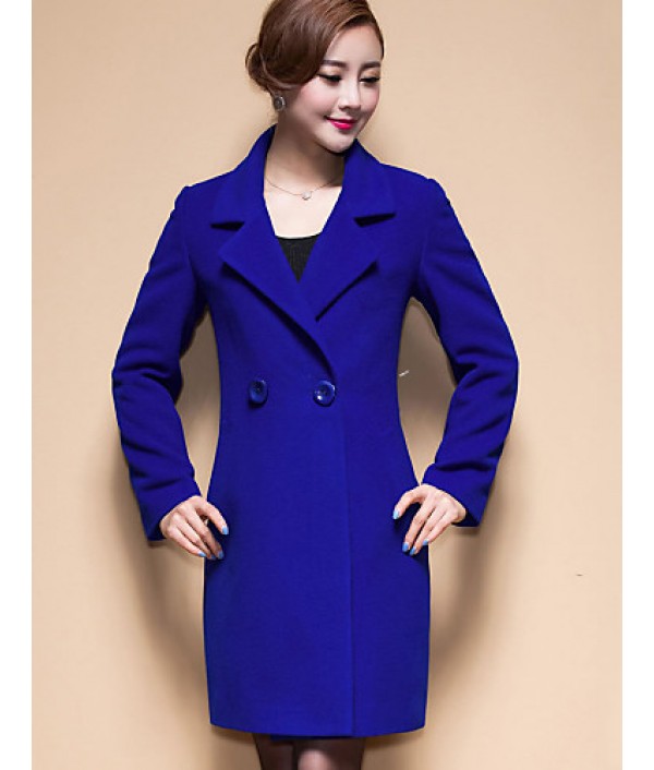 Women's Coat,Solid / Patchwork Peaked Lapel Long Sleeve Winter Blue / Black / Yellow Wool / Others Thick