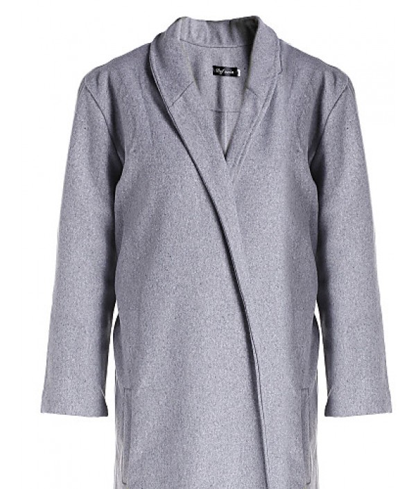 Women's Coat,Solid Shirt Collar Long Sleeve Winter Gray Wool Opaque