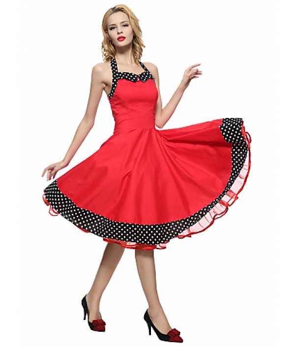 Women's Red/Black Vintage Polka Dots Midi Swing Dress, Full Circle Halter