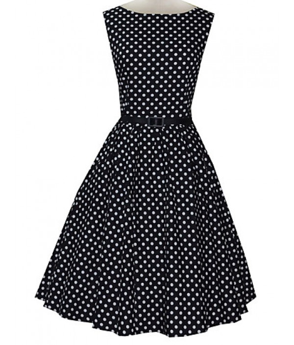 Women's Vintage Slim Polka Dot Printing Sleeveless Dress(With Belt)