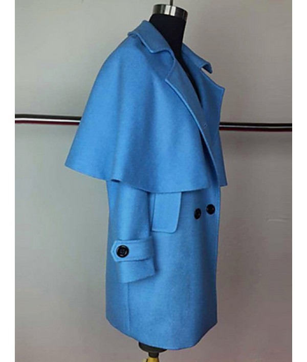 Women's Going out Cute Cloak/Capes,Solid Shirt Collar Long Sleeve Winter Blue / Orange Wool Thick