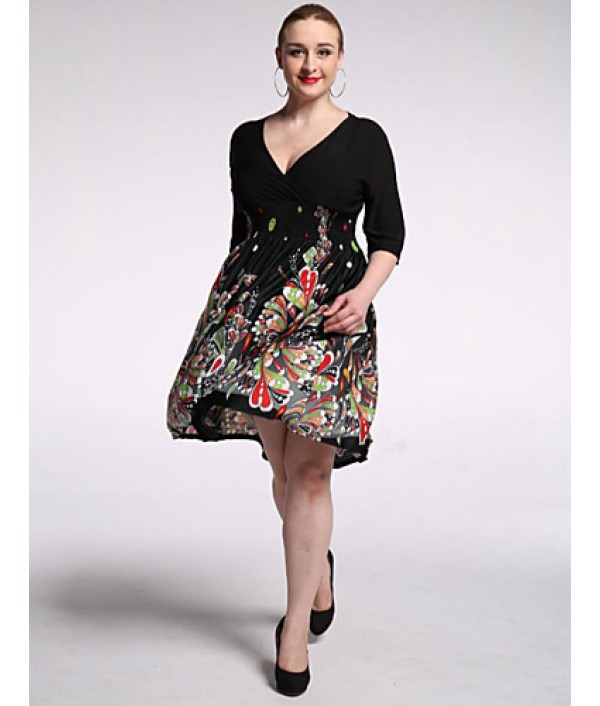 Women's Beach / Plus Size Boho Chiffon Dress,Floral V Neck Knee-length 陆 Length Sleeve Black Polyester / Spandex Summer