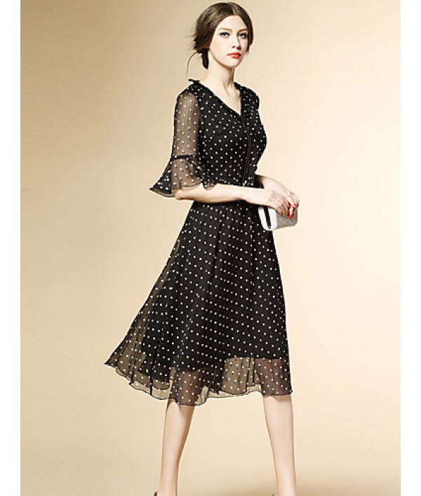 Women's Street chic Polka Dot Chiffon / Swing Dress,V Neck Knee-length Polyester