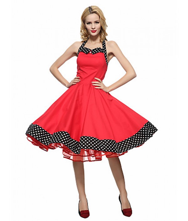 Women's Red/Black Vintage Polka Dots Midi Swing Dress, Full Circle Halter