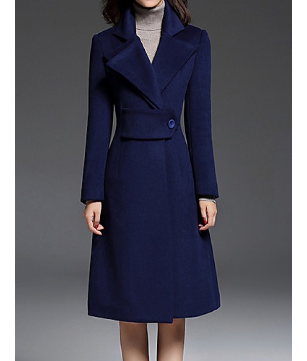 Women's Going out CoatSolid Notch Lapel Long Sleeve Fall / Winter Blue Wool / Polyester Thick