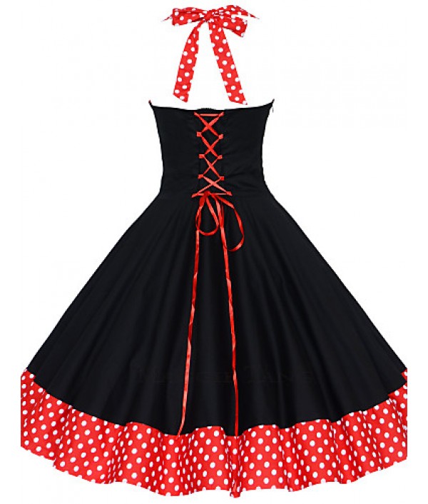 Women's Red/Black Vintage Polka Dots Midi Swing Dress, Full Circle Halter