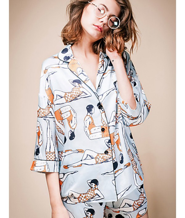 LIANGSANSHIWomen‘s Casual/Daily Street chic Summer Shirt,Print Shirt Collar ? Sleeve Blue Polyester / Others Thin