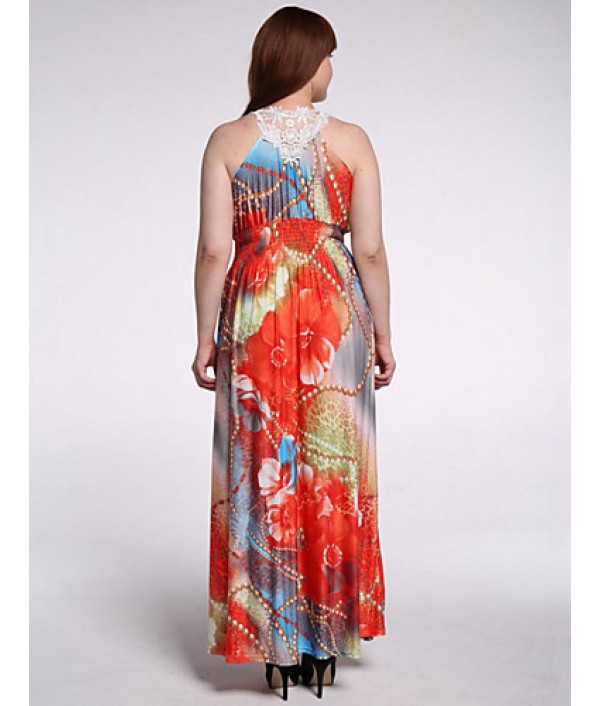 Women's Beach / Plus Size Boho Dress,Floral V Neck Maxi Sleeveless Orange Polyester / Spandex Summer