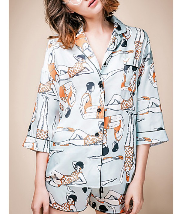 LIANGSANSHIWomen‘s Casual/Daily Street chic Summer Shirt,Print Shirt Collar ? Sleeve Blue Polyester / Others Thin