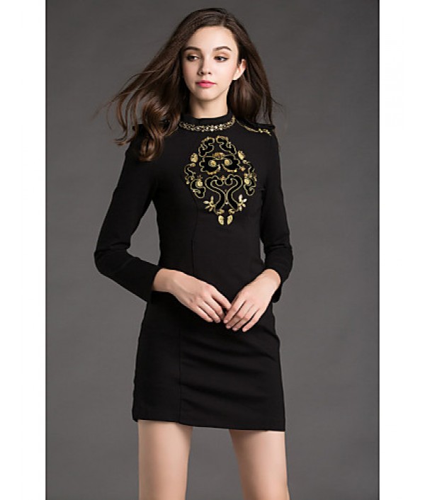 Women‘s Work Shift Dress,Jacquard Crew Neck Mini Long Sleeve Black Cotton / Polyester Spring