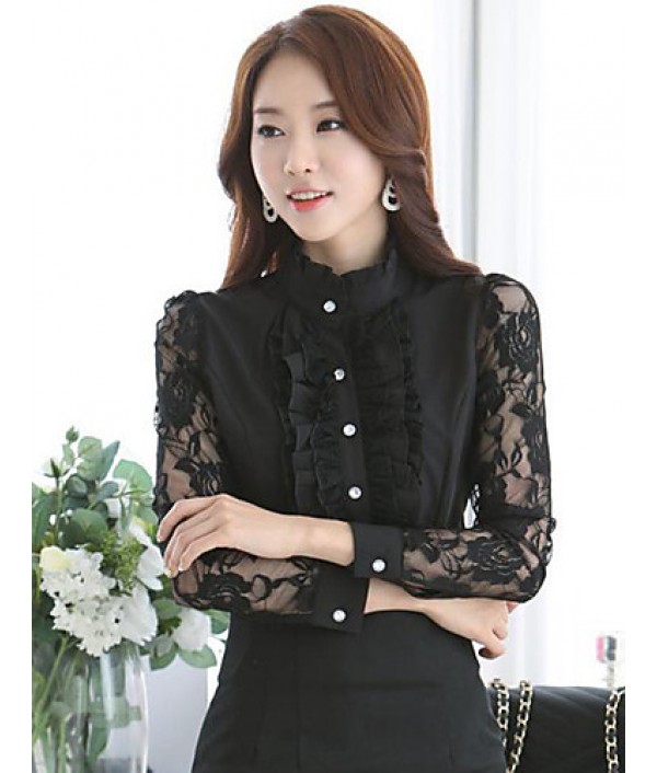 Women's Patchwork Lace Chiffion Pleated OL Style Slim Large Size Shirt,Shirt Collar Long Sleeve