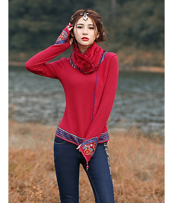 Our Story Going out Vintage Regular PulloverPaisley Red / Purple Round Neck Long Sleeve Cotton Spring