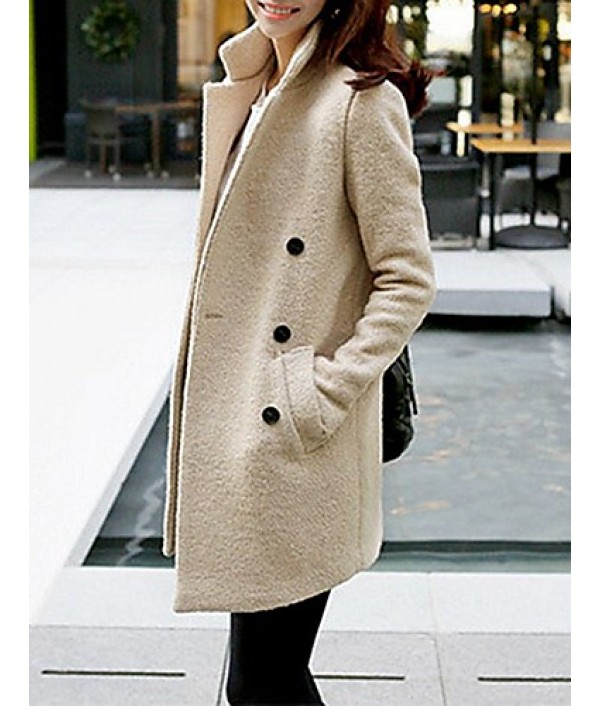 Women's Casual/Daily Simple Coat,Solid Notch Lapel Long Sleeve Fall Beige Wool Medium