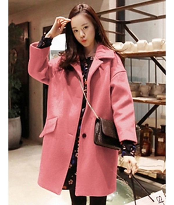 Women's Casual/Daily Simple Coat,Solid Shirt Collar Long Sleeve Winter Blue / Pink / Yellow Wool Thick