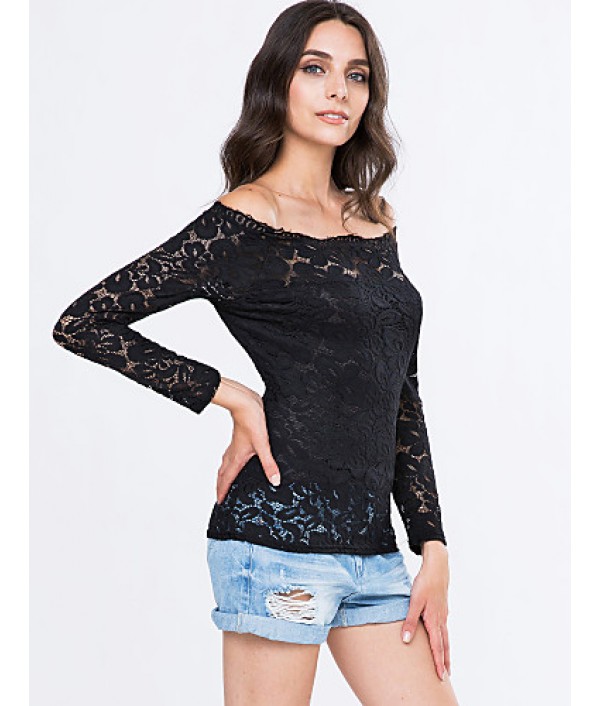 Women's Vogue Lace Bateau Long Sleeve Hollow Out Lace T-shirt