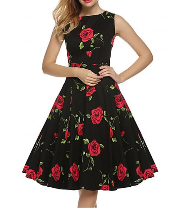 Women's Vintage / Simple / Street chic Floral Swing Dress,Round Neck Knee-length Cotton / Polyester