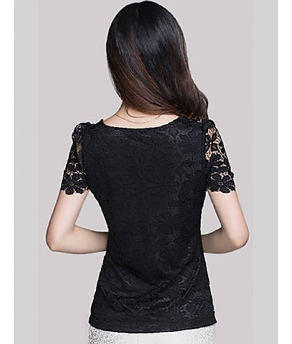 Summer Plus Size Women Solid Color Round Neck Short Sleeve Lace Blouse Slim Was Thin T-shirt Tops