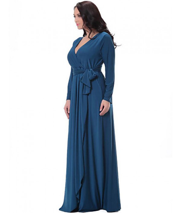 Women's Party/Cocktail Plus Size Plus Size Dress,Solid V Neck Midi Long Sleeve Blue Spandex Fall