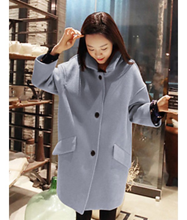 Women's Casual/Daily Simple Coat,Solid Shirt Collar Long Sleeve Winter Blue / Pink / Yellow Wool Thick