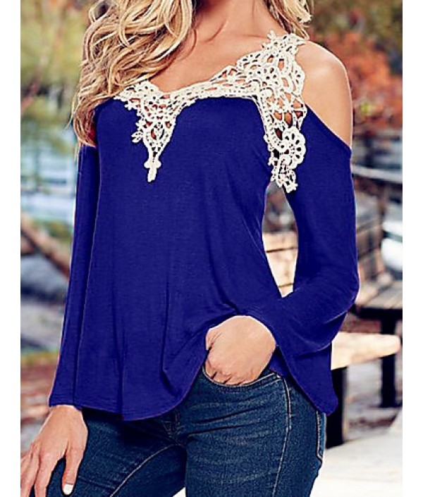 Women's Patchwork Lace Strap Off-The-Shoulder All Match Loose Casual V Neck Long Sleeve Plus Size T-shirt