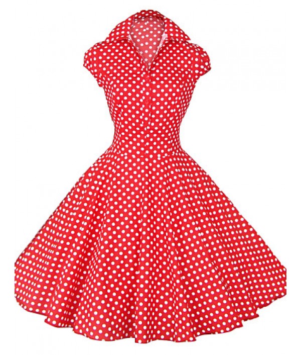 Women's White/Black/Blue 50s Vintage Polka Dots Swing Midi Dress