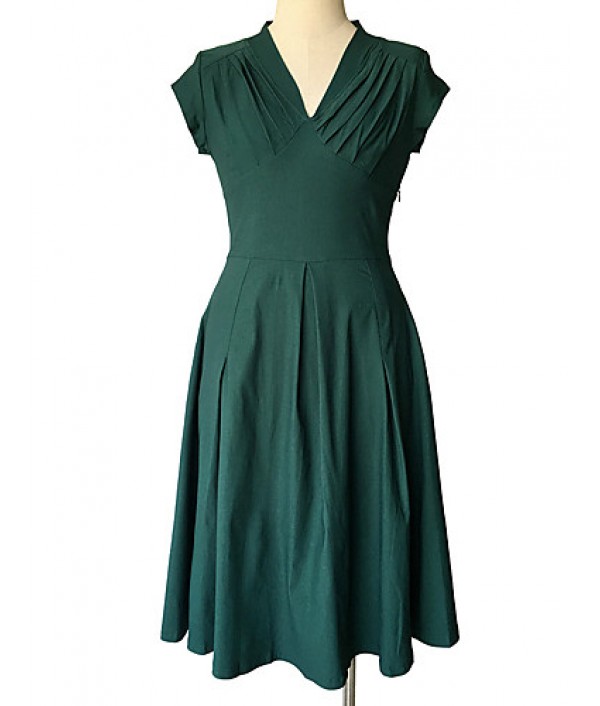 Women's Going out Vintage / Simple / Street chic Swing Dress,Solid Deep V Knee-length Short Sleeve