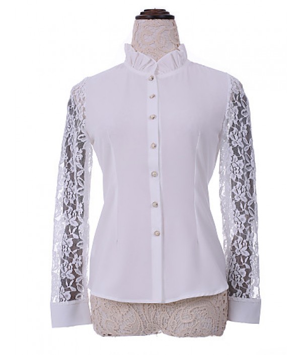  Women's Solid White Shirt,Shirt Collar Long Sleeve