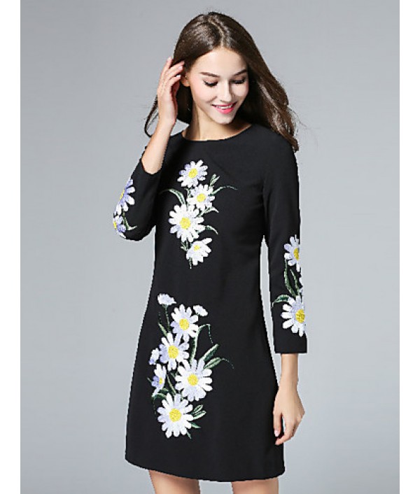 Boutique S Women's Casual/Daily Vintage Shift Dress,Embroidered Round Neck Above Knee Long Sleeve Polyester Fall