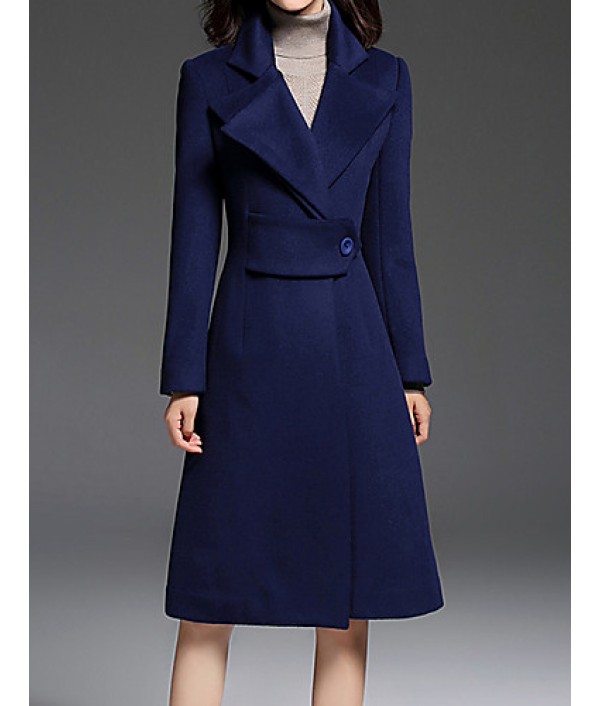 Women's Going out CoatSolid Notch Lapel Long Sleeve Fall / Winter Blue Wool / Polyester Thick