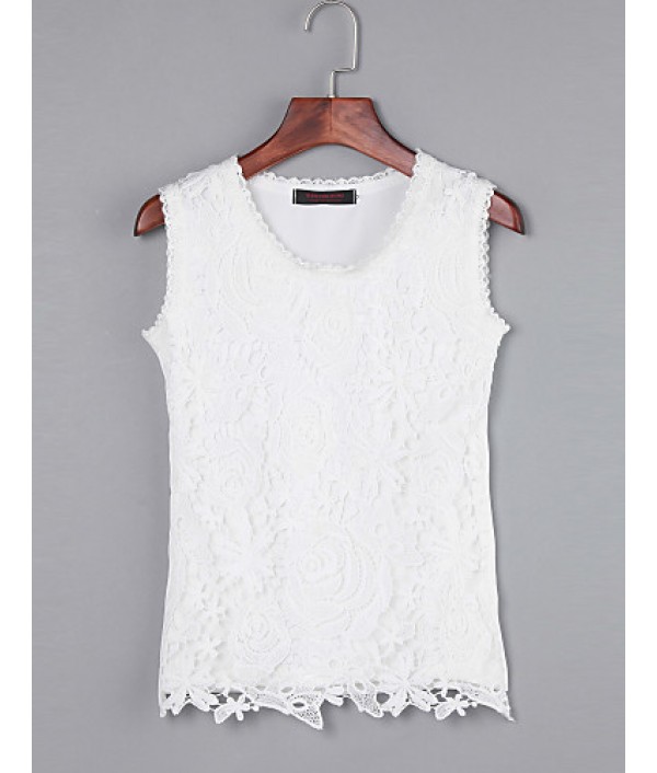 Women's Round Neck Lace Shirt, Cotton Blends Sleeveless