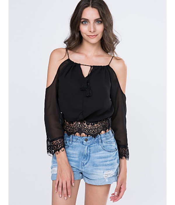 Women's Beach/Casual Lace Hem Long Sleeve Short T-shirt