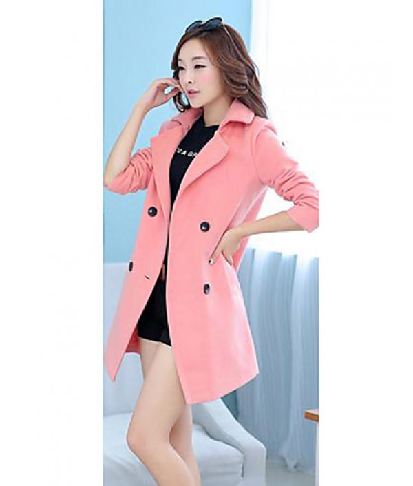 Women's Coat,Solid Long Sleeve Winter Pink / Red / Green Wool Medium