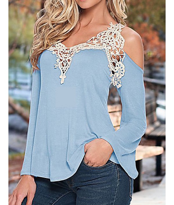 Women's Patchwork Lace Strap Off-The-Shoulder All Match Loose Casual V Neck Long Sleeve Plus Size T-shirt