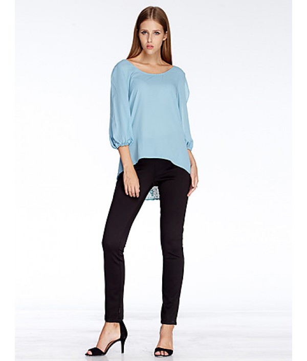 Women‘s Going out Simple Summer Blouse,Solid Round Neck ? Sleeve Blue Polyester Thin