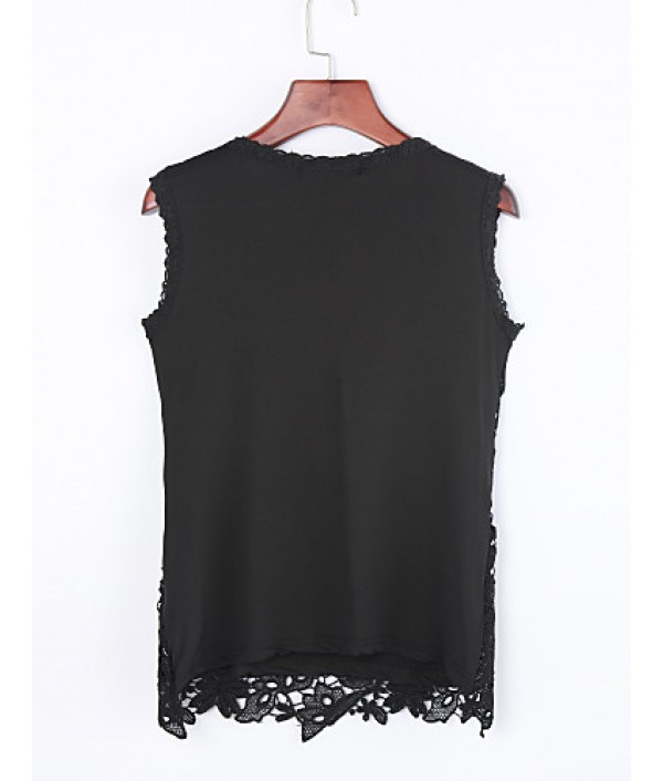 Women's Round Neck Lace Shirt, Cotton Blends Sleeveless