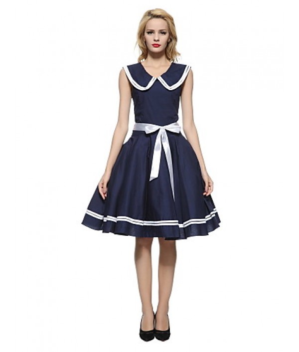 Women's 50s Vintage Nautical Sailor Rockabilly Hepburn Pinup Business Swing Dress 526