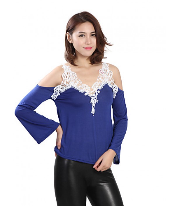 Women's Patchwork Lace Strap Off-The-Shoulder All Match Loose Casual V Neck Long Sleeve Plus Size T-shirt