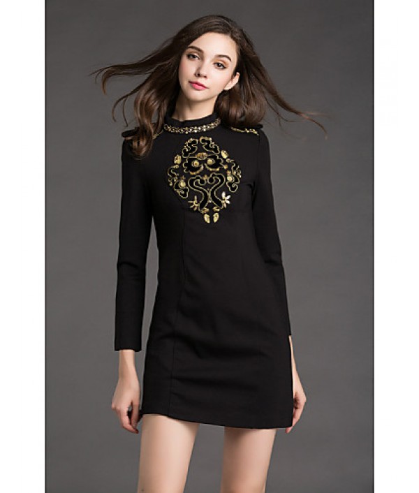 Women‘s Work Shift Dress,Jacquard Crew Neck Mini Long Sleeve Black Cotton / Polyester Spring